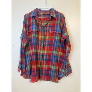 Lauren Ralph Lauren Plaid Button Down Shirt Women's 2X Red Blue Green Yellow